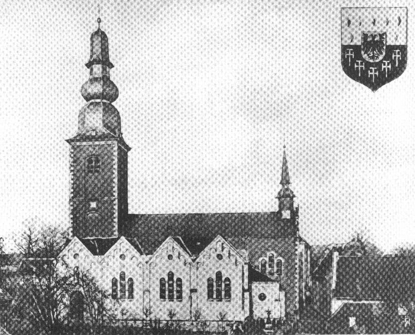 alte Ansicht der Kirche mit Schöffensiegel (Ansicht nach 1889)