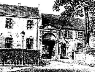 Die heute noch existierende Klosterpforte des Kreuzherrenklosters (Zeichnung, herausgegeben zum 100-jährigen Bestehen der Sparkasse Wickrath 1986)