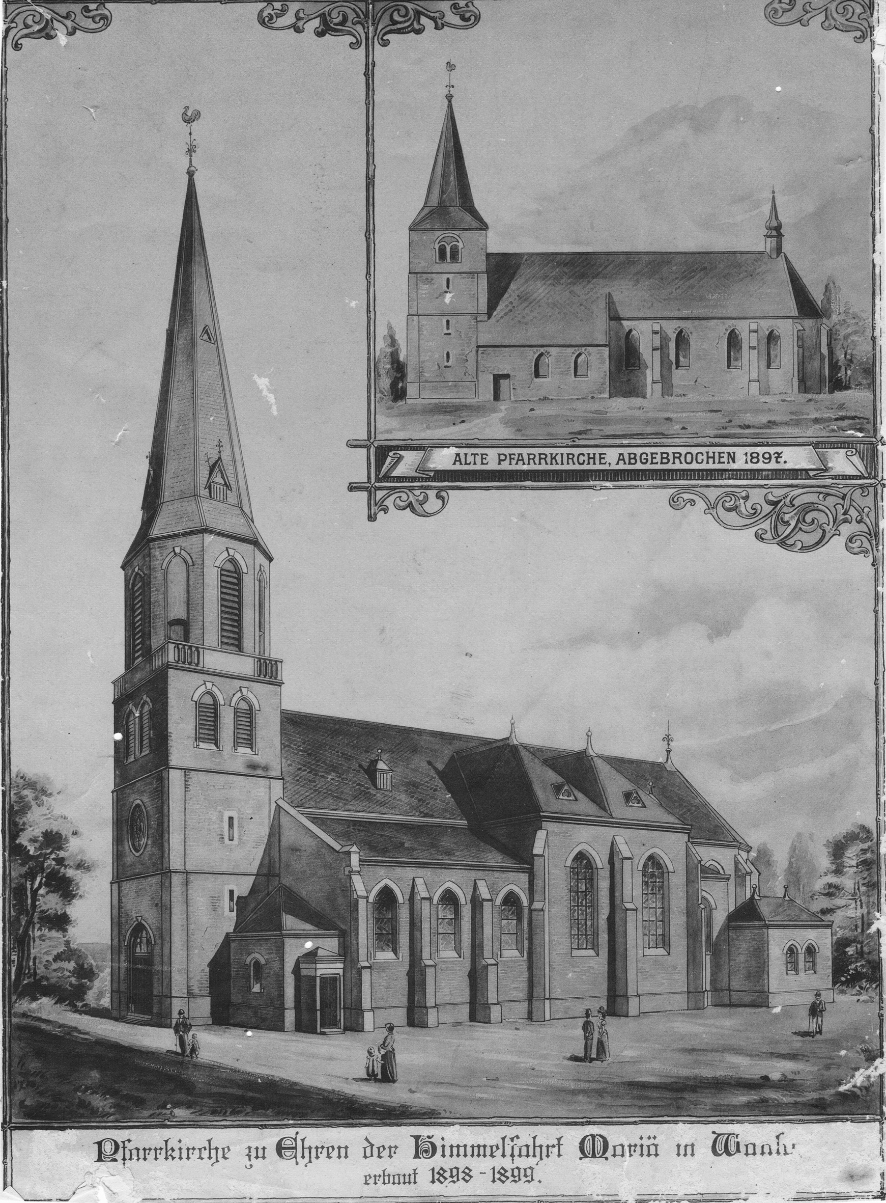 Ansicht von alter und neuer Pfarrkirche
